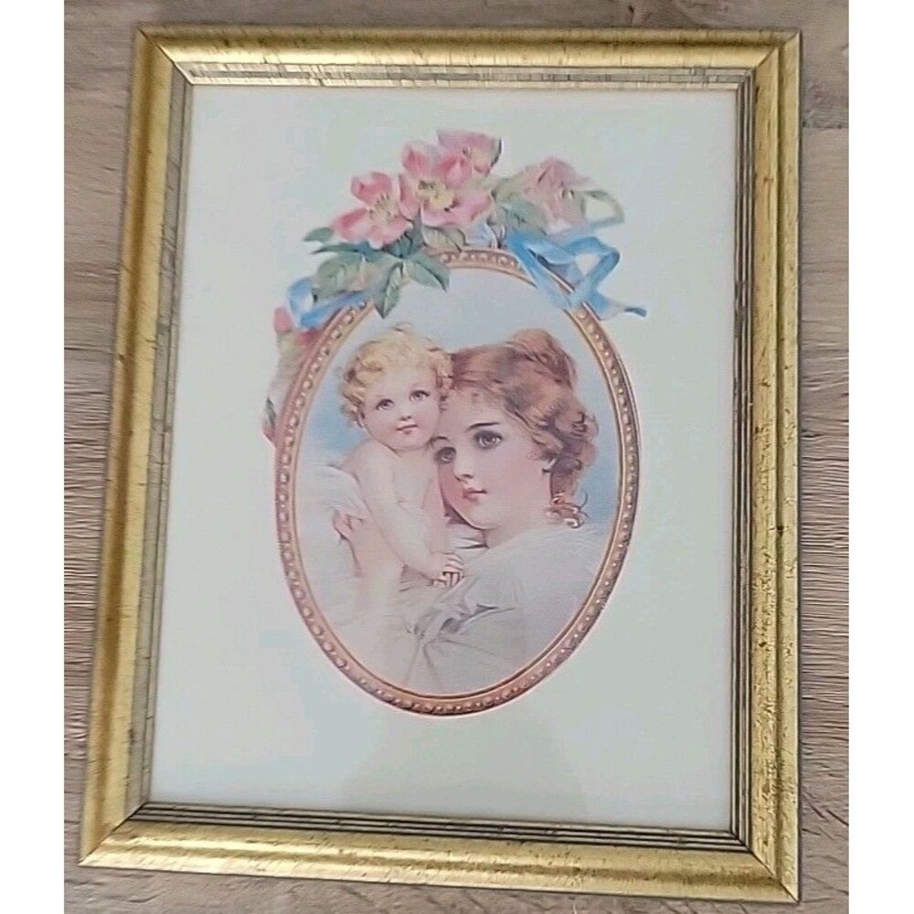 Antique Vintage Mother & Baby Cameo Style Victorian Print LITOGRAPHY Newport RI